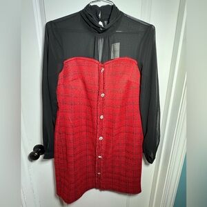 Cato Red Strapless Tweed Dress with Black Sheer Overlay